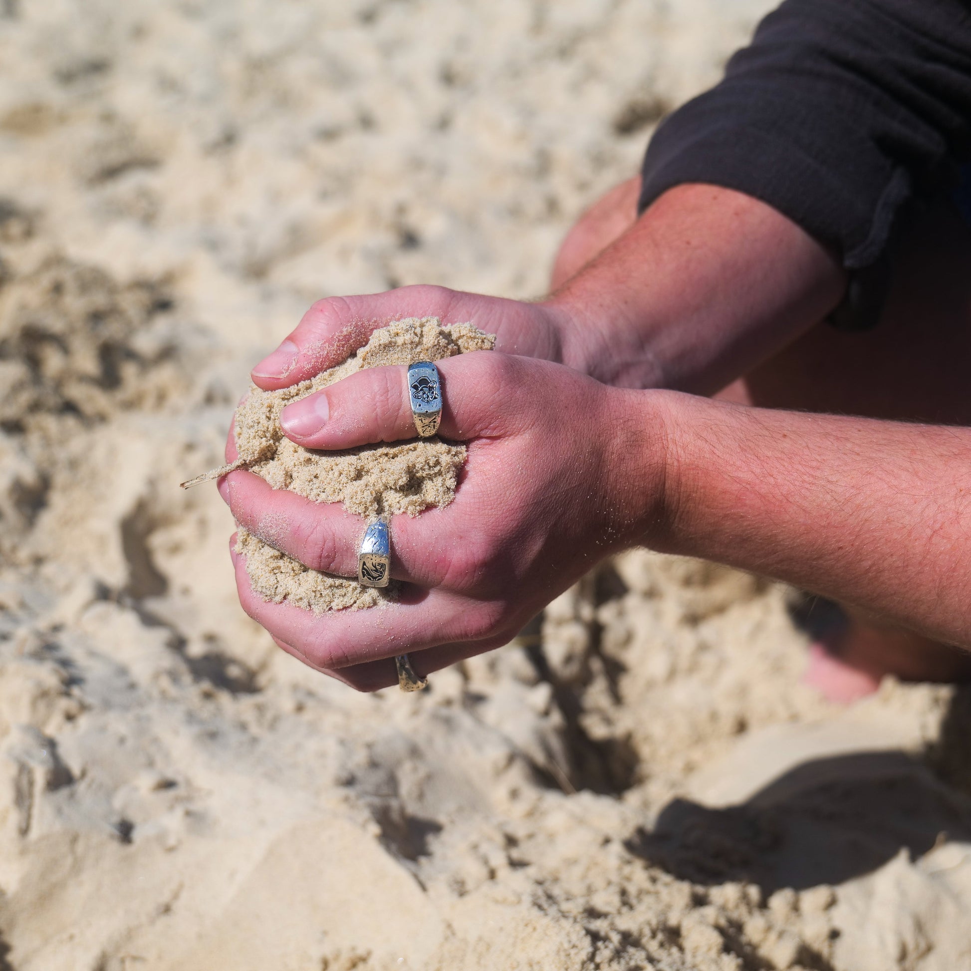 Man holding ball of sand wearing panther + serpent rings.