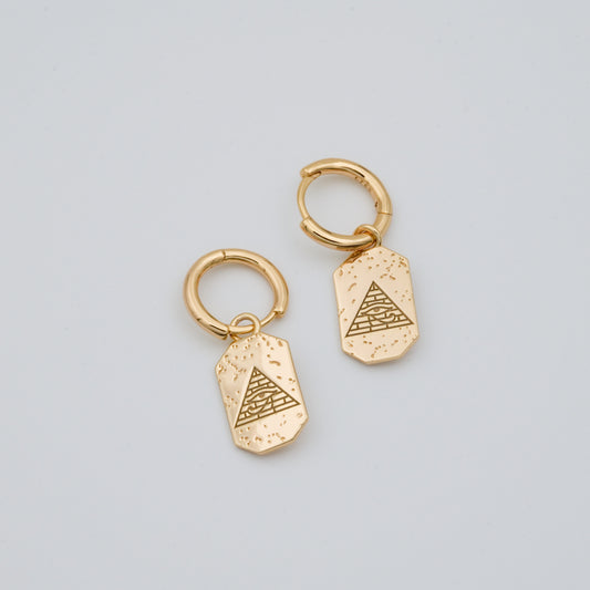 Recycled sterling silver earrings gold plated. Eye of Ra & Horus pyramid design.