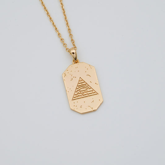 Recycled sterling silver pendant gold plated. Eye of Ra pyramid design.